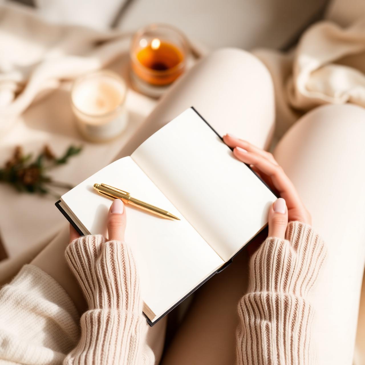 A woman journaling peacefully in soft morning light surrounded by candles and tea