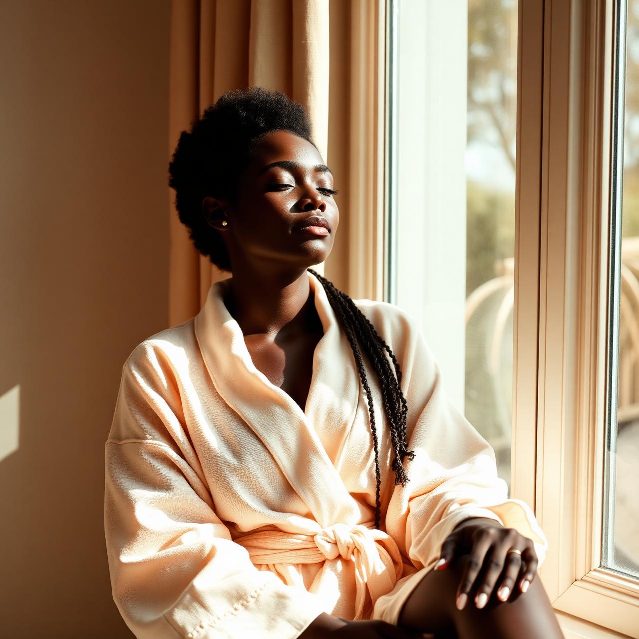 A woman resting peacefully in soft cream linens
