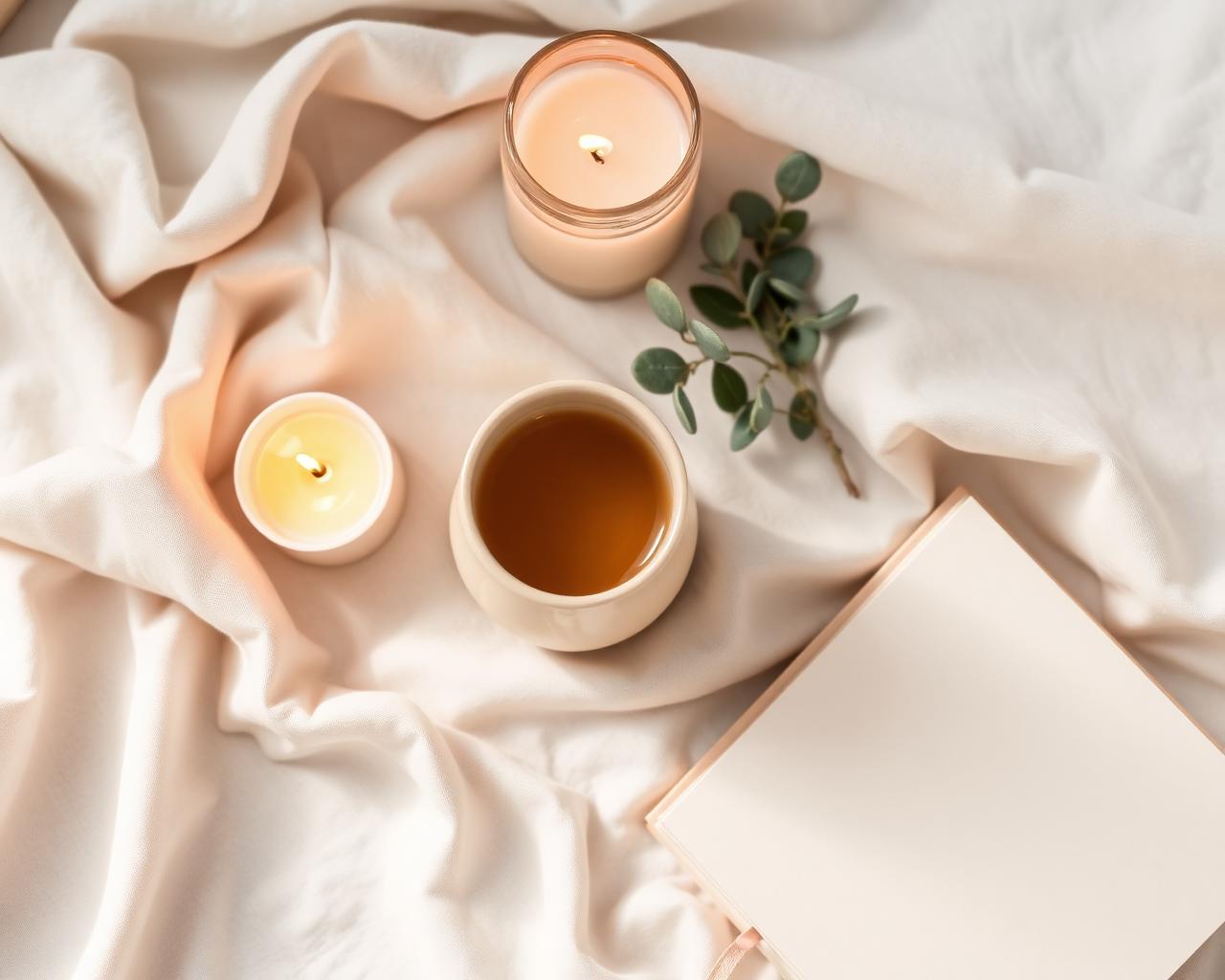 Candle, herbal tea and journal on linen
